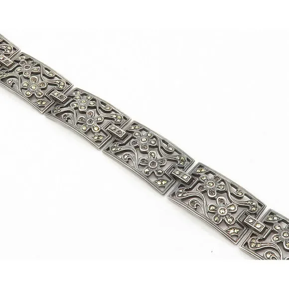 925 Sterling Silver Vintage Marcasite Floral Motif Chain Bracelet BT5512